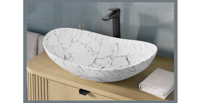 Vasque à poser ovale 61,5x36 cm blanc effet marbre avec bonde clic clac