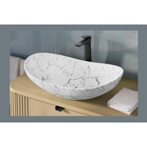 Vasque à poser ovale 61,5x36 cm blanc effet marbre avec bonde clic clac