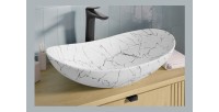 Vasque à poser ovale 61,5x36 cm blanc effet marbre avec bonde clic clac