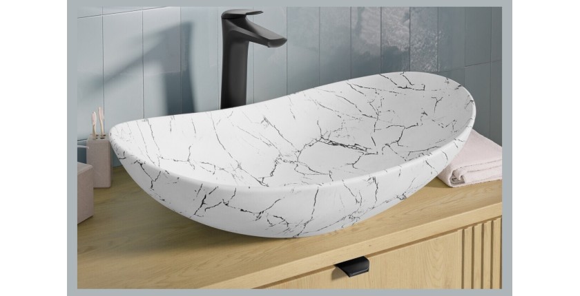 Ovale opbouw waskom 61,5x36 cm wit marmer effect met klik-klak afvoerplug