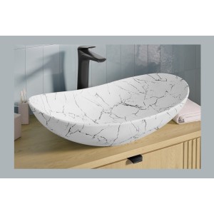 Ovale opbouw waskom 61,5x36 cm wit marmer effect met klik-klak afvoerplug