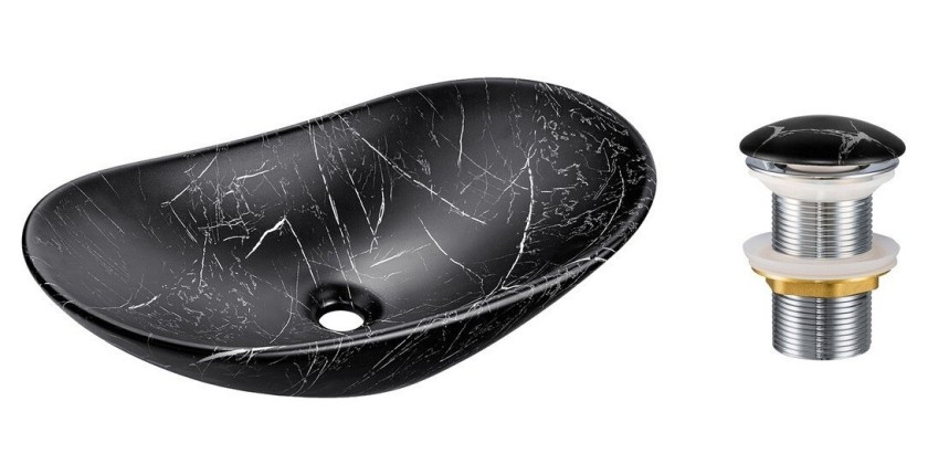 Vasque à poser ovale 61,5x36 cm noir effet marbre avec bonde clic clac