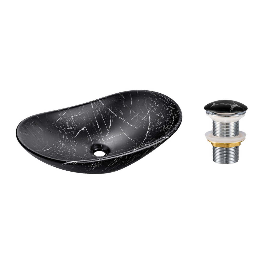Ovale opzetwastafel 61,5x36 cm zwart marmer effect met klik-klak afvoerplug