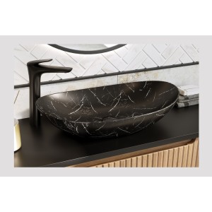 Ovale opzetwastafel 61,5x36 cm zwart marmer effect met klik-klak afvoerplug