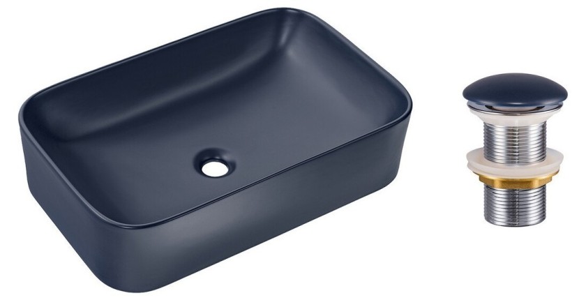 Vasque à poser rectangulaire 61x38 cm bleu marine brillant avec bonde clic clac