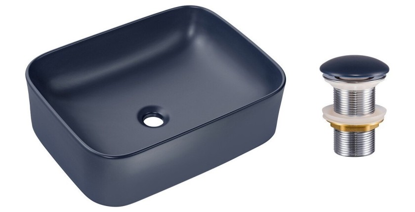 Vasque à poser rectangulaire 50,5x38 cm bleu marine mat avec bonde clic clac