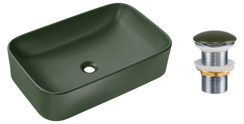 Vasque à poser rectangulaire 61x38 cm vert mat avec bonde clic clac