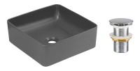 Vasque à poser carrée 37x37 cm gris mat en céramique avec bonde clic-clac métal incluse