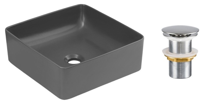 Vasque à poser carrée 37x37 cm gris mat en céramique avec bonde clic-clac métal incluse