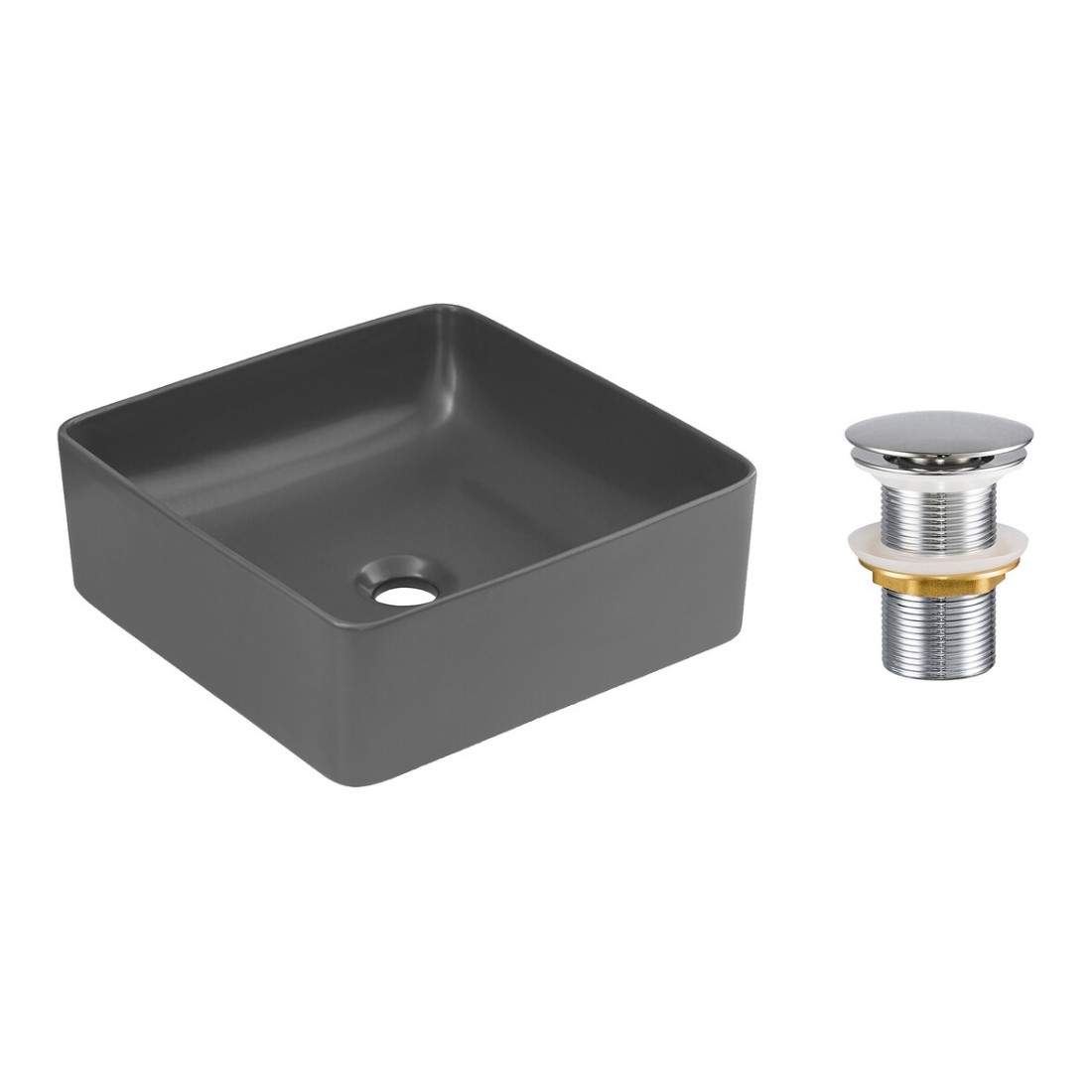 Vasque à poser carrée 37x37 cm gris mat en céramique avec bonde clic-clac métal incluse