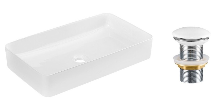 Vasque à poser rectangulaire 61x34 cm blanc brillant en céramique avec bonde clic-clac