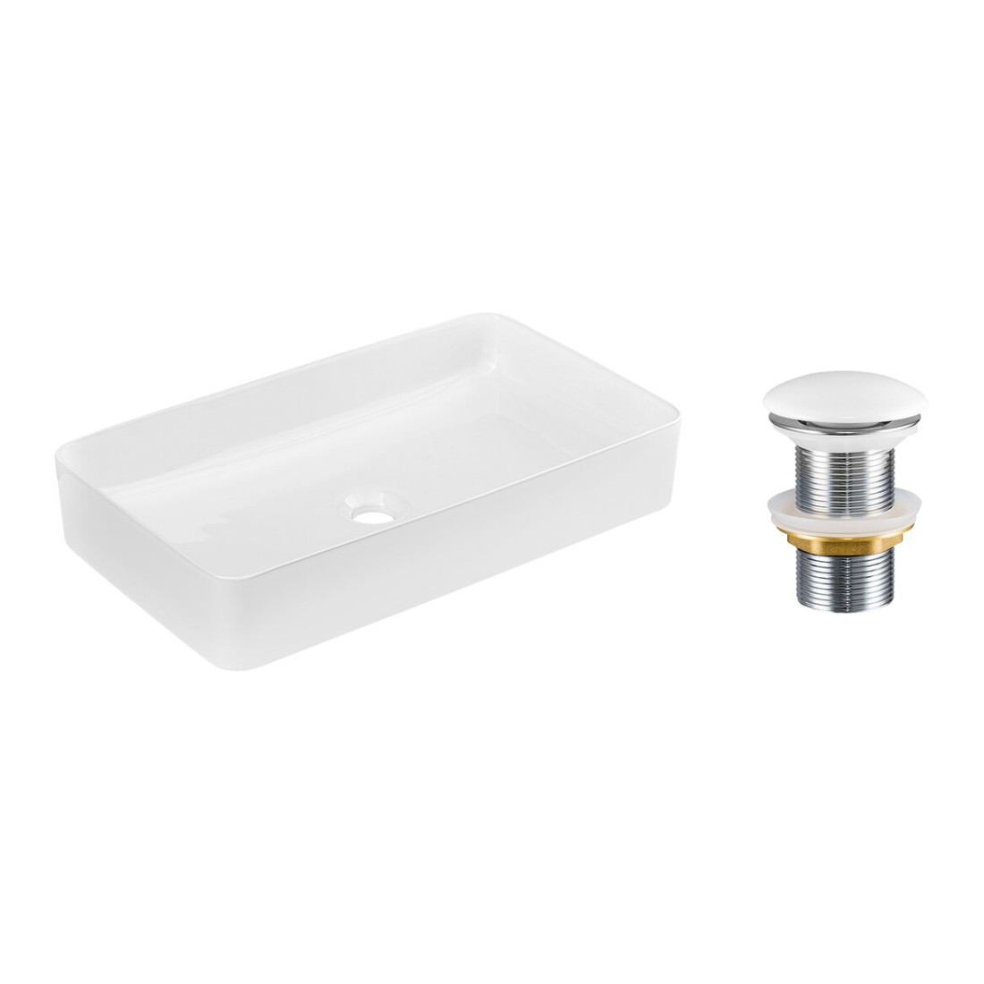 Vasque à poser rectangulaire 61x34 cm blanc brillant en céramique avec bonde clic-clac