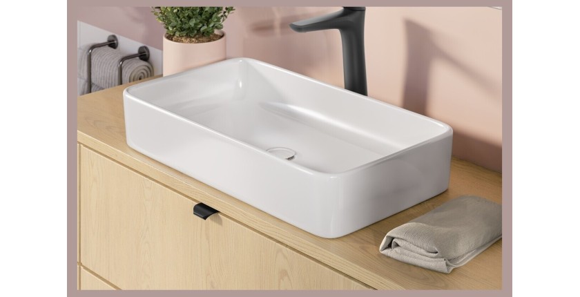 Vasque à poser rectangulaire 61x34 cm blanc brillant en céramique avec bonde clic-clac