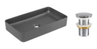Vasque à poser rectangulaire 61x34 cm gris mat en céramique avec bonde clic-clac