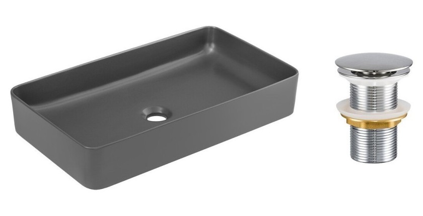Vasque à poser rectangulaire 61x34 cm gris mat en céramique avec bonde clic-clac