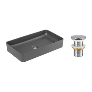 Lavabo da appoggio rettangolare 61x34 cm grigio opaco in ceramica con piletta clic-clac
