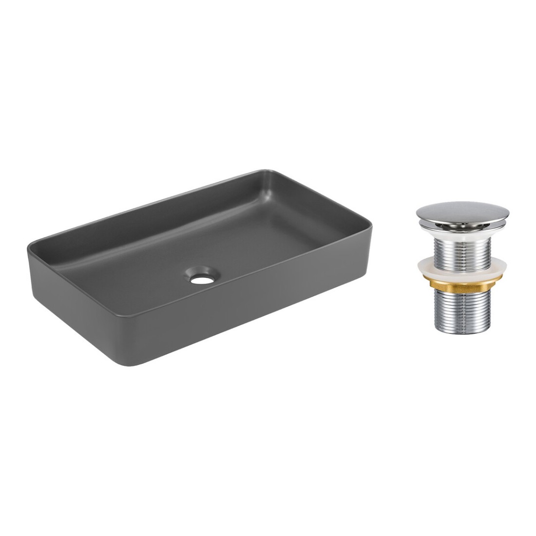 Vasque à poser rectangulaire 61x34 cm gris mat en céramique avec bonde clic-clac