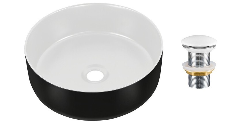 Vasque à poser ronde 36 cm bicolore noir mat et blanc mat en céramique avec bonde clic-clac