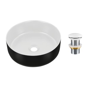 Vasque à poser ronde 36 cm bicolore noir mat et blanc mat en céramique avec bonde clic-clac