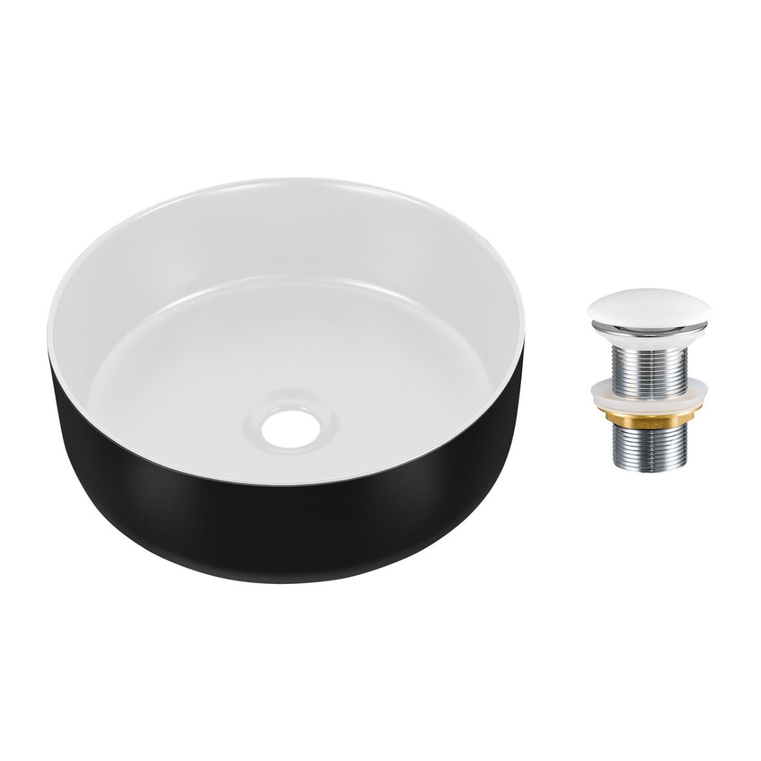Vasque à poser ronde 36 cm bicolore noir mat et blanc mat en céramique avec bonde clic-clac