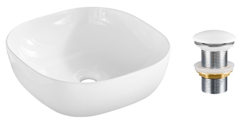 Vasque à poser carrée 41x41 cm blanc brillant en céramique avec bonde clic-clac