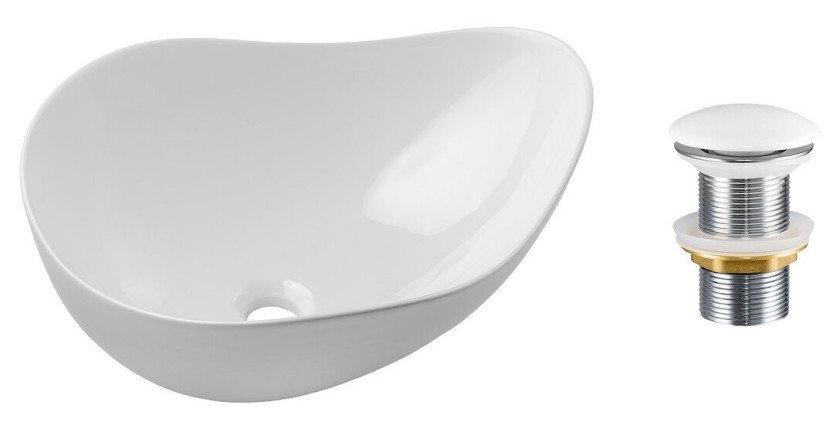 Vasque à poser asymétrique 51x39 cm blanc brillant en céramique avec bonde clic-clac