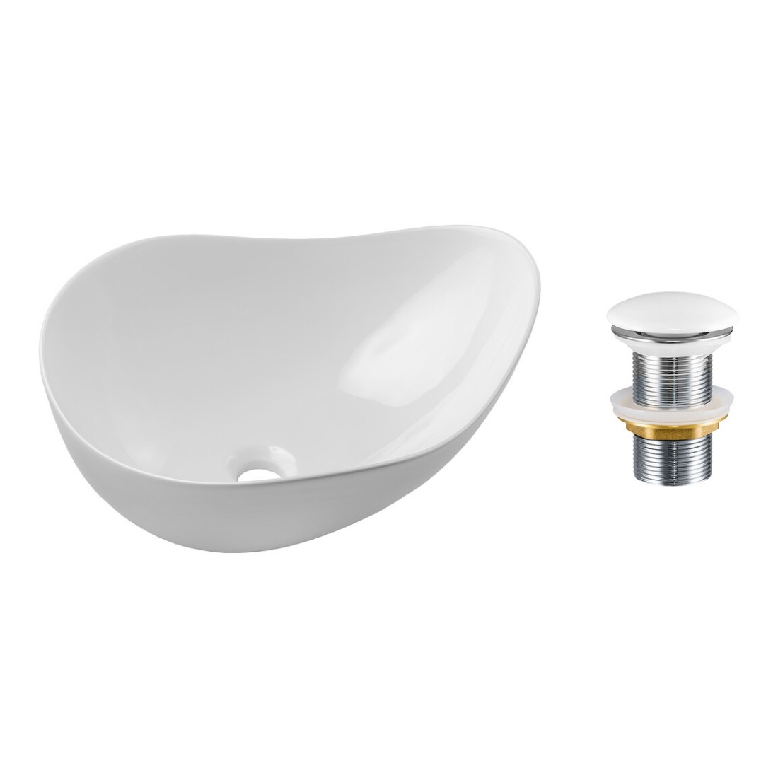 Vasque à poser asymétrique 51x39 cm blanc brillant en céramique avec bonde clic-clac