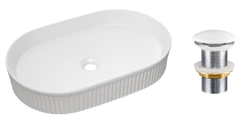 Vasque à poser ovale 56x36 cm blanc brillant en céramique avec bonde clic-clac