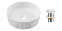 Vasque à poser ronde 36 cm blanc brillant en céramique avec relief décoratif et bonde