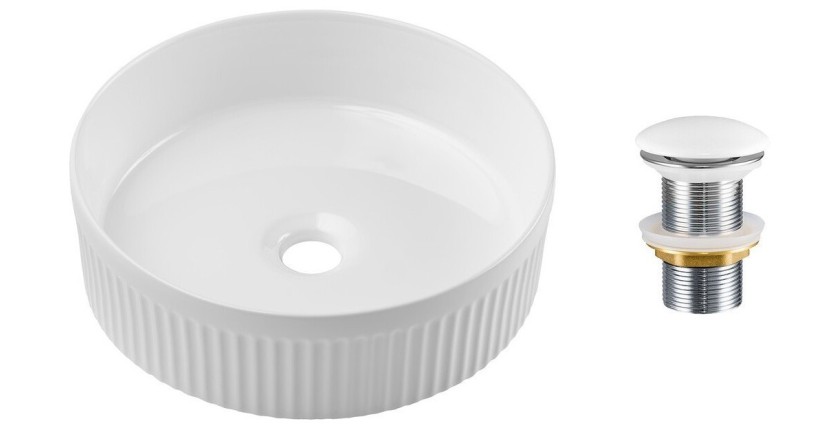 Vasque à poser ronde 36 cm blanc brillant en céramique avec relief décoratif et bonde