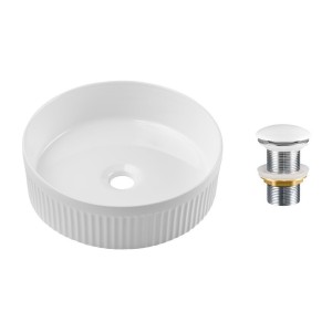 Vasque à poser ronde 36 cm blanc brillant en céramique avec relief décoratif et bonde
