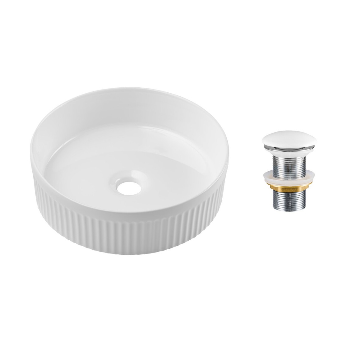 Vasque à poser ronde 36 cm blanc brillant en céramique avec relief décoratif et bonde