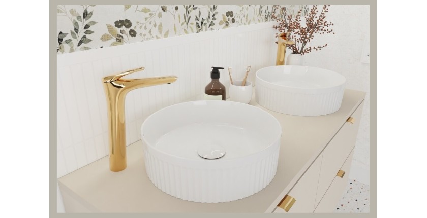 Vasque à poser ronde 36 cm blanc brillant en céramique avec relief décoratif et bonde