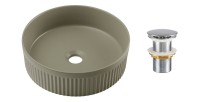 Vasque à poser ronde 36 cm vert olive mat en céramique avec relief décoratif et bonde clic-clac