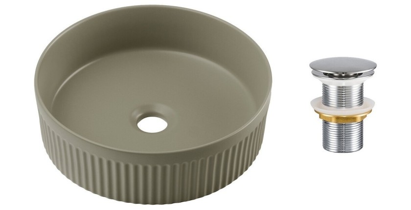 Vasque à poser ronde 36 cm vert olive mat en céramique avec relief décoratif et bonde clic-clac
