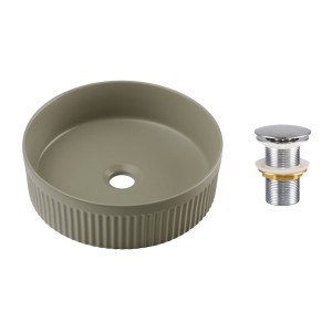 Vasque à poser ronde 36 cm vert olive mat en céramique avec relief décoratif et bonde clic-clac