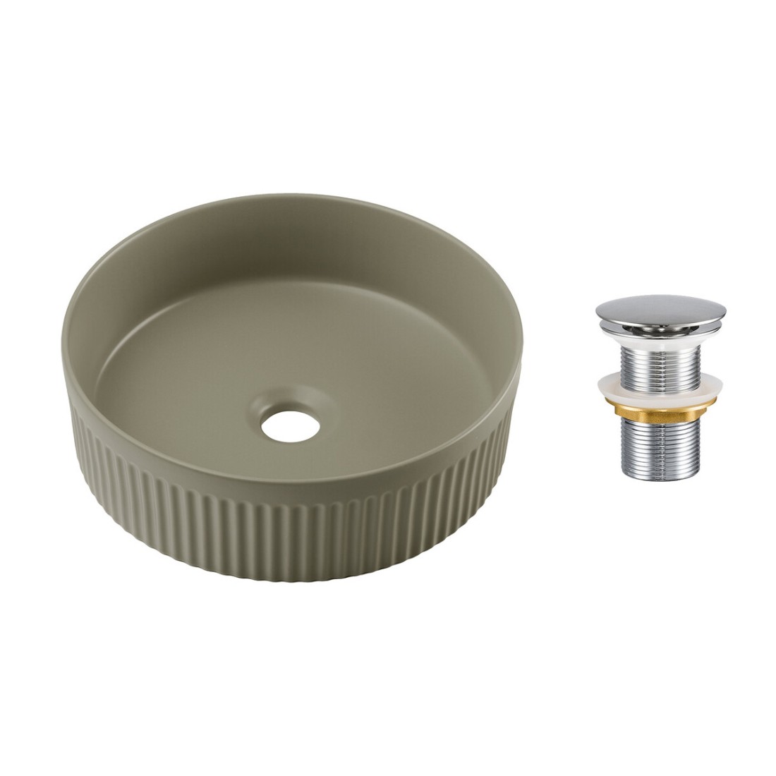 Vasque à poser ronde 36 cm vert olive mat en céramique avec relief décoratif et bonde clic-clac