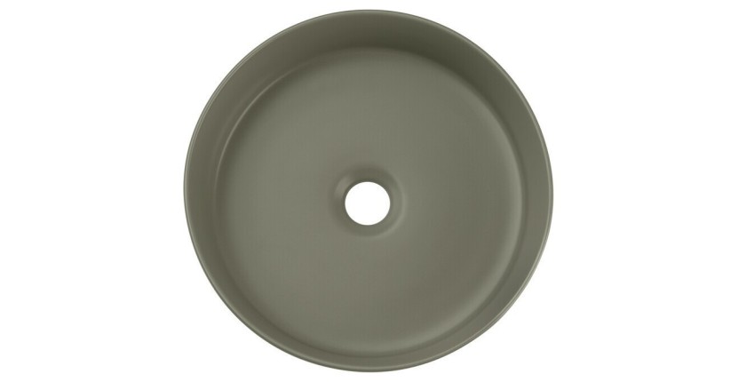 Vasque à poser ronde 36 cm vert olive mat en céramique avec relief décoratif et bonde clic-clac