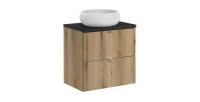 Set VANO finitura quercia e nero 60cm: mobile sottolavabo con cassetti + piano per lavabo + lavabo da appoggio rotondo bianco