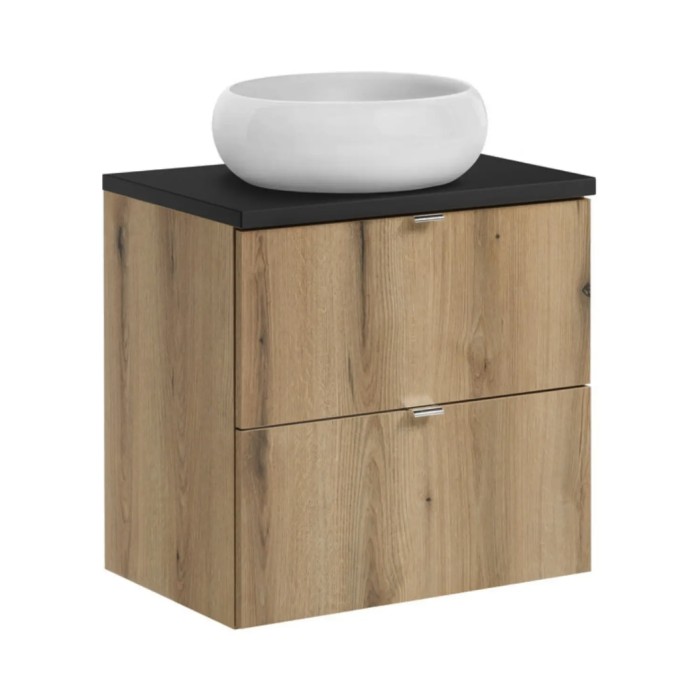 Ensemble VANO 60cm chêne et noir : meuble sous vasque à tiroir, plan pour vasque noir et vasque à poser ronde