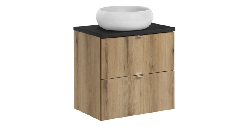 Set VANO finitura quercia e nero 60cm: mobile sottolavabo con cassetti + piano per lavabo + lavabo da appoggio rotondo bianco