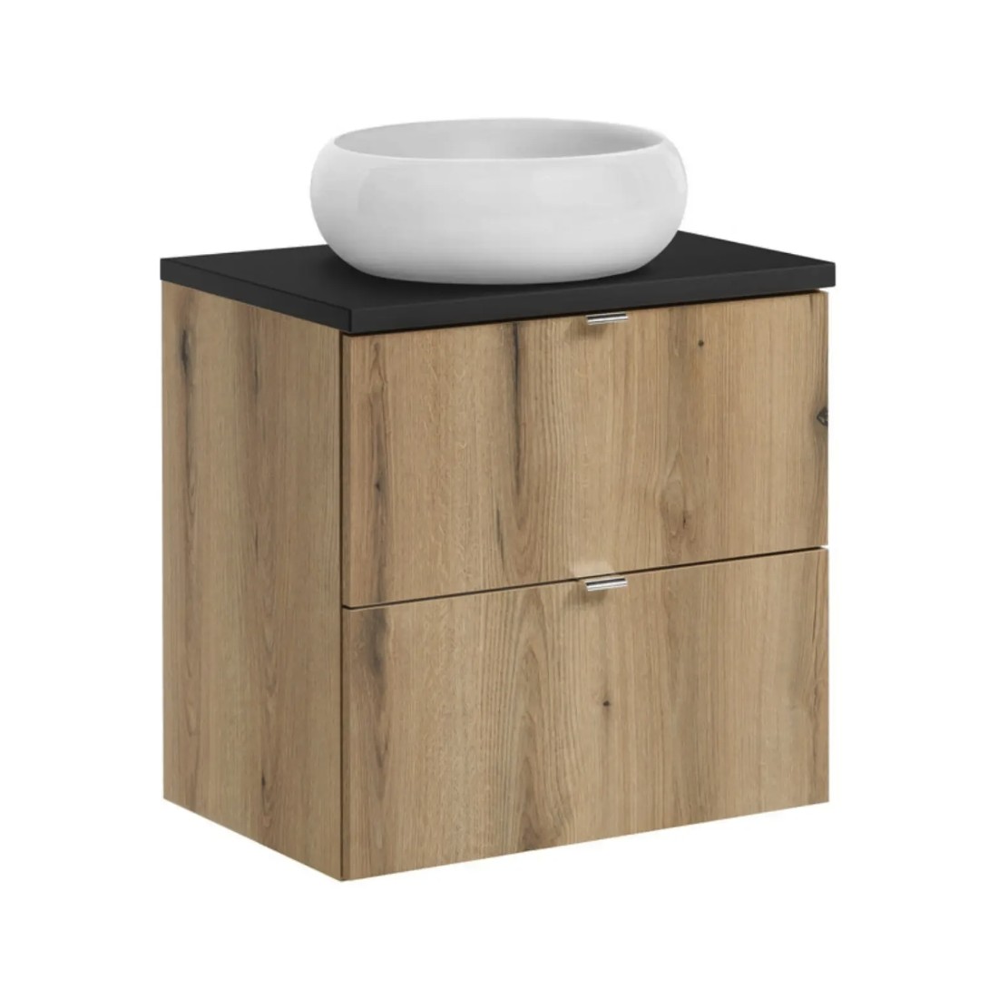 Set VANO finitura quercia e nero 60cm: mobile sottolavabo con cassetti + piano per lavabo + lavabo da appoggio rotondo bianco