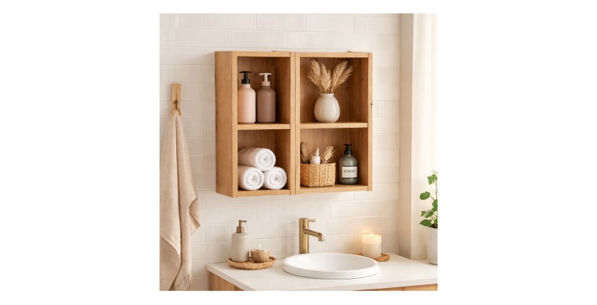 Casier de rangement suspendu 4 niches VANO 50cm aspect chêne clair mis en situation