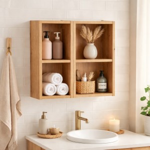 Casier de rangement suspendu 4 niches VANO 50cm aspect chêne clair mis en situation