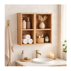 Casier de rangement suspendu 4 niches VANO 50cm aspect chêne clair mis en situation