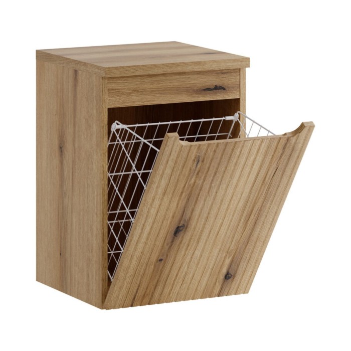 Cesto per biancheria VANO 40 cm - mobile sospeso in rovere chiaro con anta ribaltabile e ripiano.