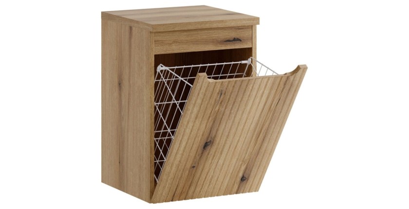 Panier à linge et plateau supérieur VANO aspect chêne clair ouvert