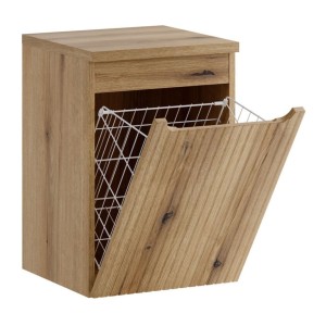 Panier à linge et plateau supérieur VANO aspect chêne clair ouvert