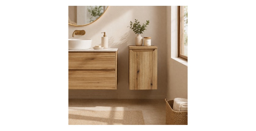 Panier à linge et plateau supérieur VANO aspect chêne clair mis en situation