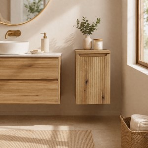 Panier à linge et plateau supérieur VANO aspect chêne clair mis en situation